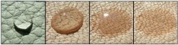 Bild eins zeigt einen Tropfen Wasser auf einem pigmentierten Rindsleder. Der Tropfen zieht nicht ein. Daneben sieht man, wie ein Tropfen Wasser in ein offenporiges Crustleder einzieht.