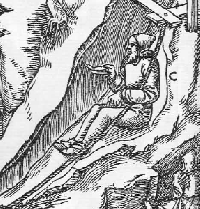Mittelalterlicher Bergmann beim Einfahren in einen Schacht auf dem Arschleder. Bild: gemeinfrei